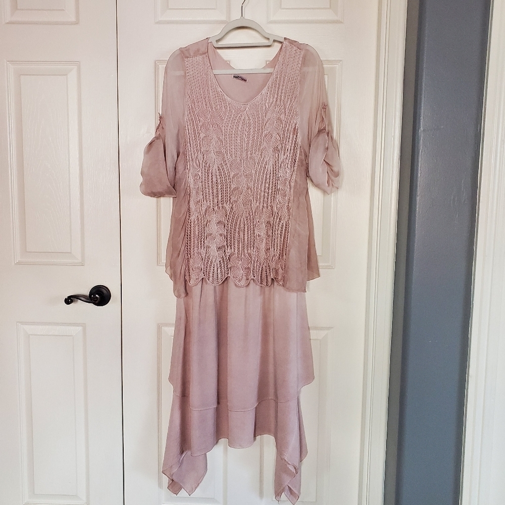 Made In Italy Silk Vintage Dress Handkerchief Crochet Rose Pullover Roll-up Sz 6